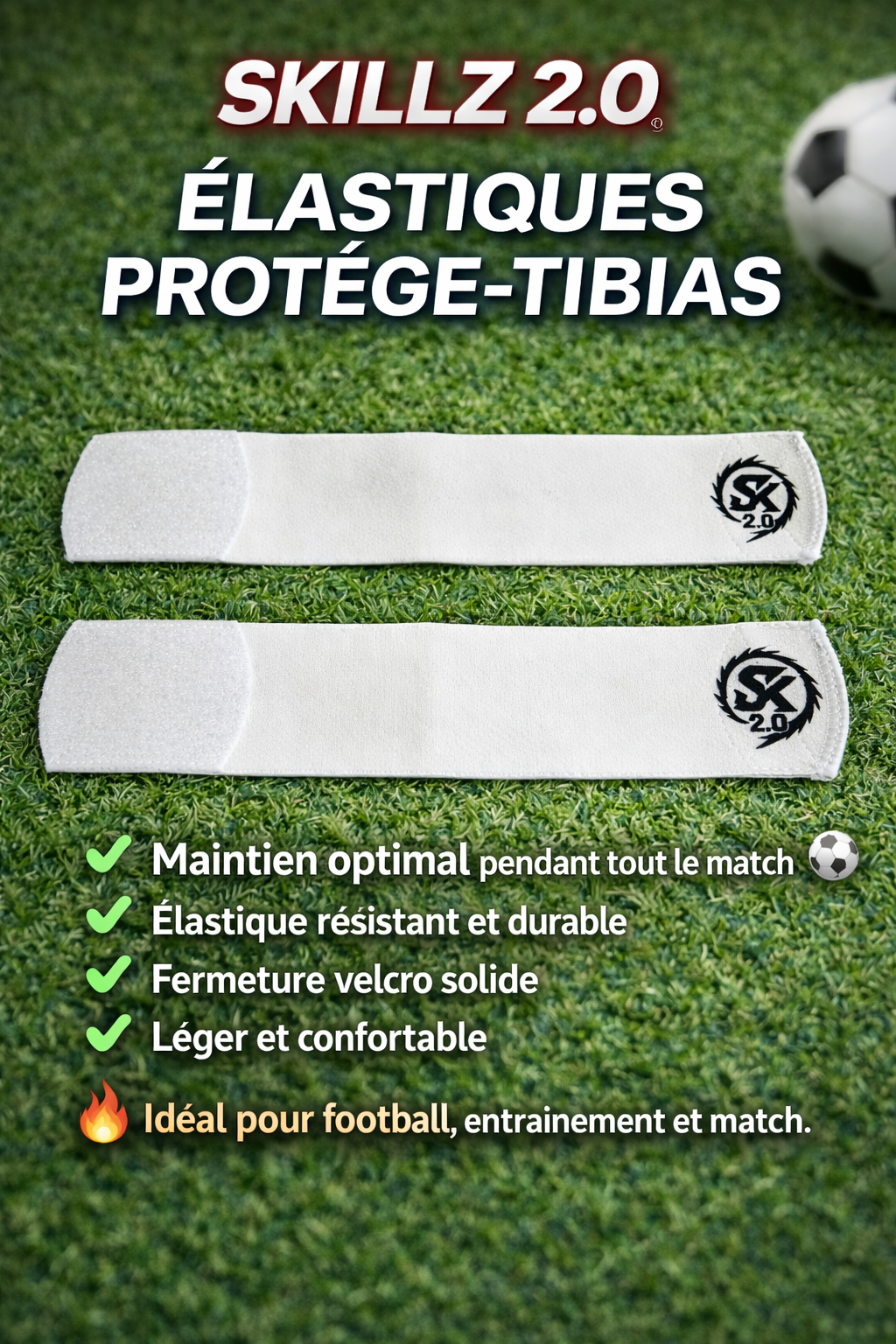 Elastique protege-tibias football Blanc  Skillz 2.0 - Maintien parfait