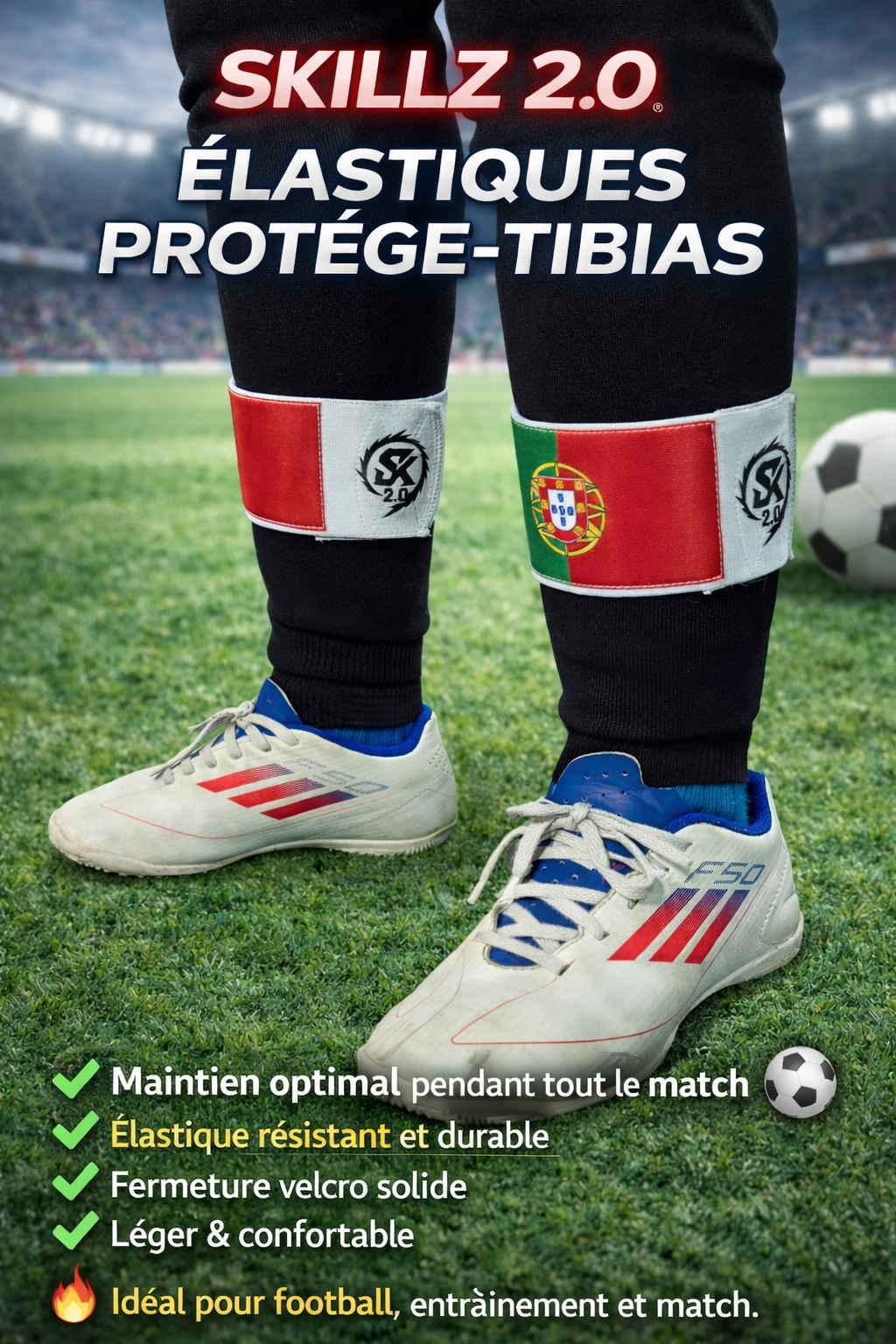Elastique protege-tibias football Drapeau Portugal Skillz 2.0 - Maintien parfait