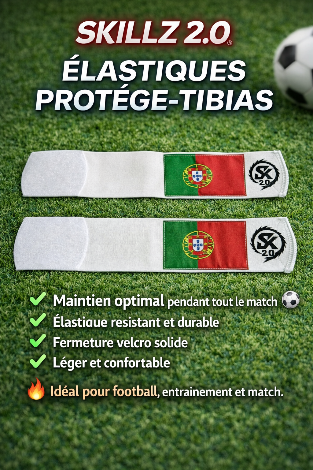 Elastique protege-tibias football Drapeau Portugal Skillz 2.0 - Maintien parfait